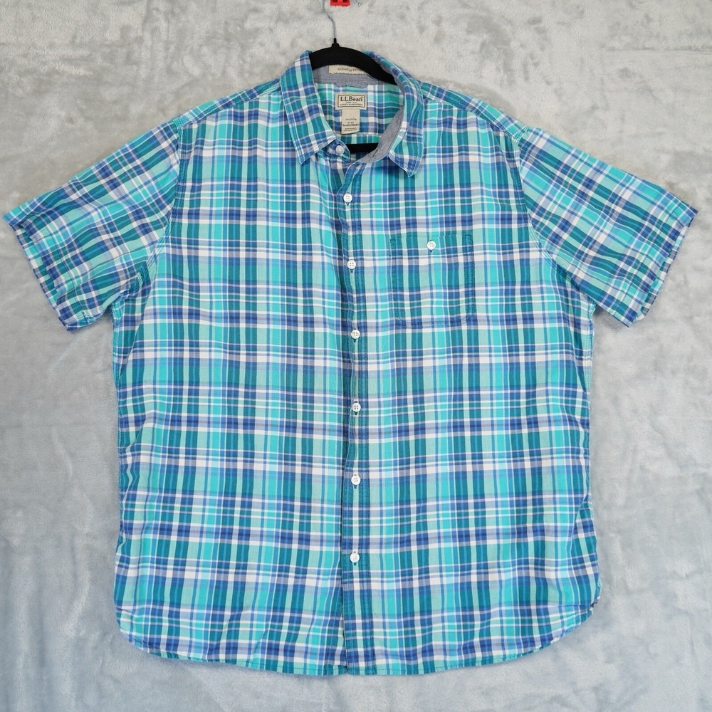 LL Bean‎ Shirt Mens XL RG Blue Green White Short Sleeve Button Up Gorpcore